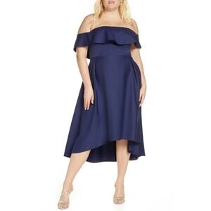 Chi Chi London Curve Yazmina Off the Shoulder Navy Blue Womens High Low Dress 20